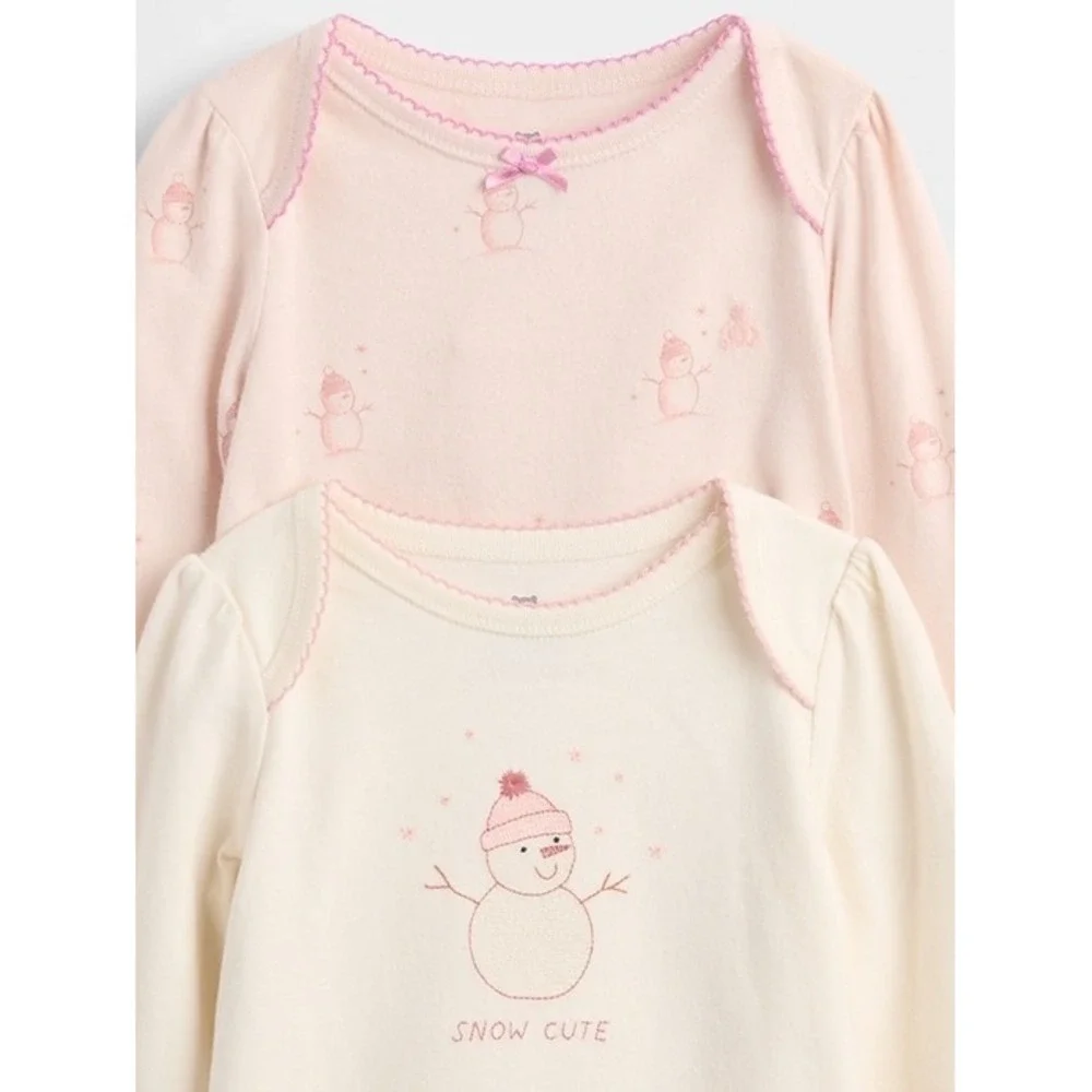 NEW Gap Baby Organic Cotton Snowman Bodysuit Pajama Set‎ Pink Winter Cozy 6-12M